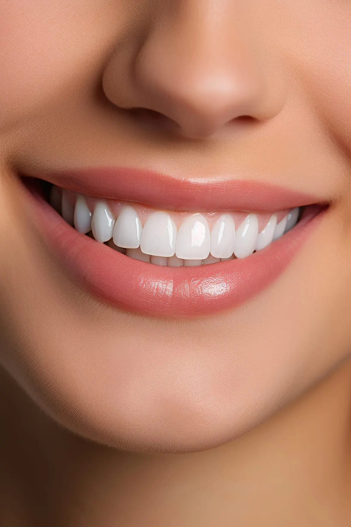 Sorriso feminino próximo, dentes alinhados e brancos — resultado estético natural